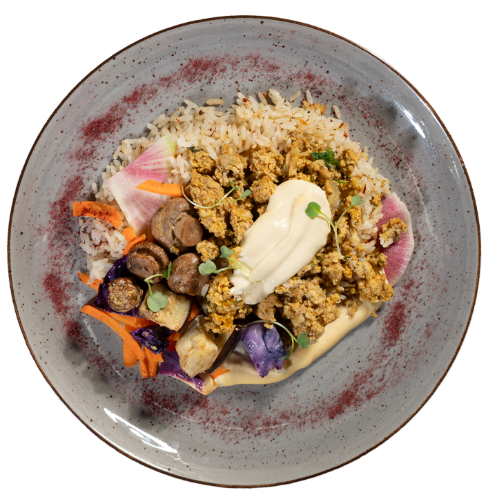 Family Meal - Ground Chicken Shawarma ‘on the rocks’ w/ Tahini Vegan Mayo