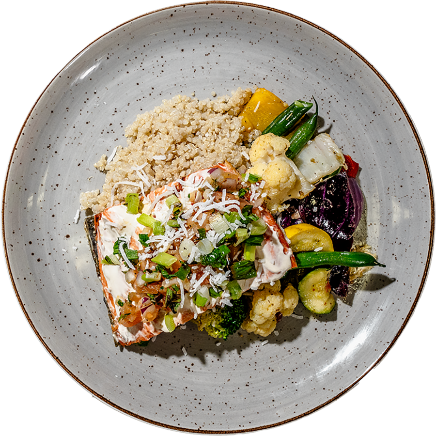 Gourmet XL - Grilled Salmon with Roasted Garlic Coconut Sauce & Cajun Charred Scallion & Tomato Salsa