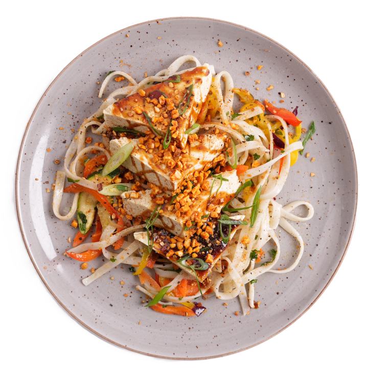 Vegan - Noodle Bowl with Stir-Fried Vegetables, Tofu, and Peanuts