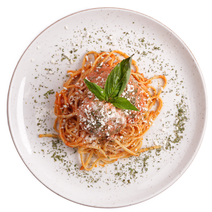 Vegan - Spaghetti Classic Vegan Meatballs with Tomato Sauce and Vegan Parmesan Cheese