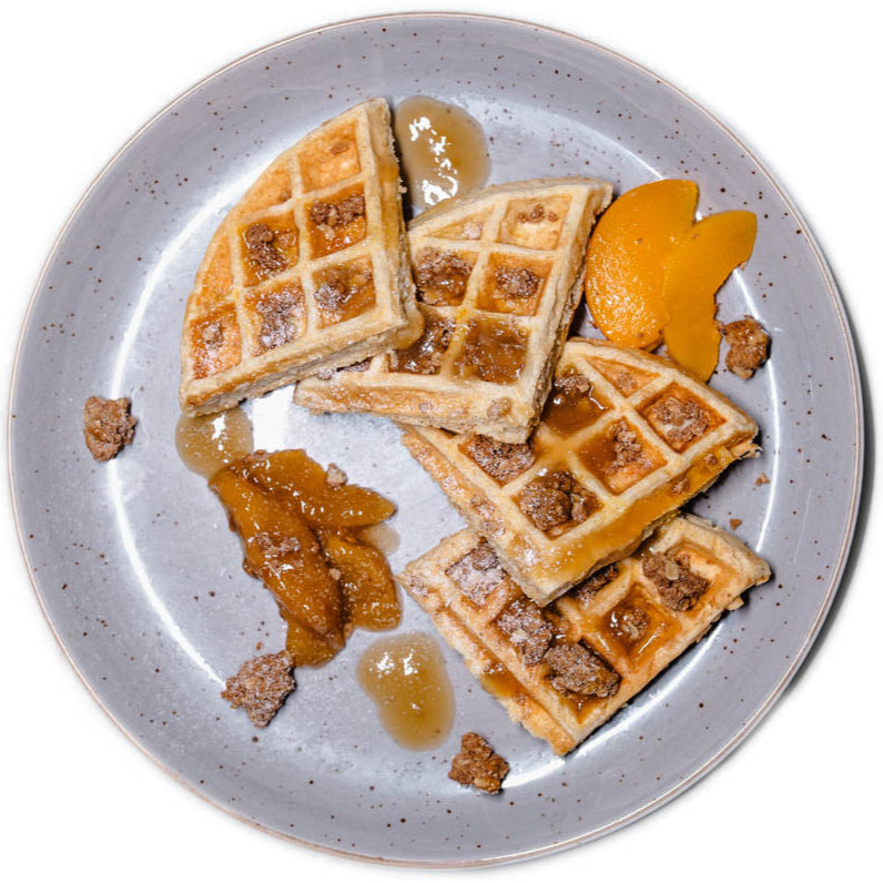 Breakfast – Peach Crumble Protein Waffle with Peanut Butter