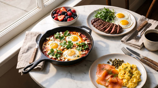 Brunch table with shakshuka, steak and eggs, smoked salmon with scrambled eggs, berries and coffee