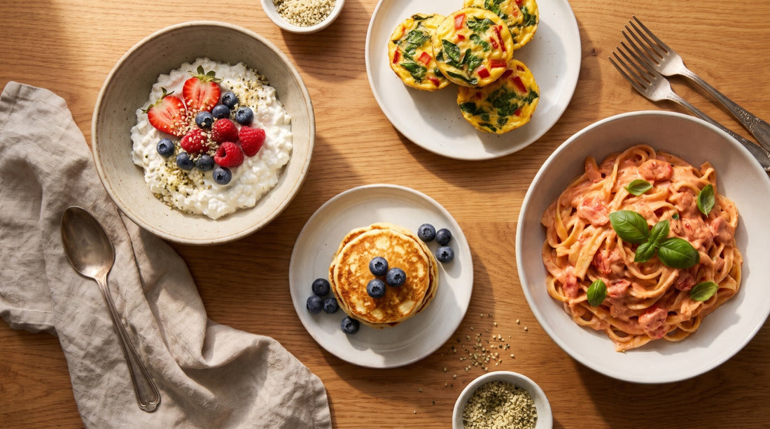Whipped cottage cheese bowl with berries, cottage cheese pancakes, egg bites and creamy tomato pasta on a wooden table