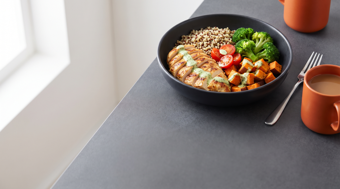 High protein lunch ideas for work: grilled chicken, quinoa and roasted vegetable bowl on an office desk