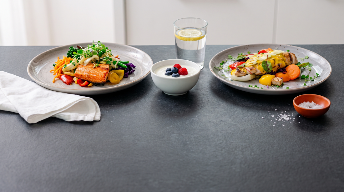 GLP-1 meal plan: high protein grilled salmon and turmeric chicken meals with Greek yogurt and water
