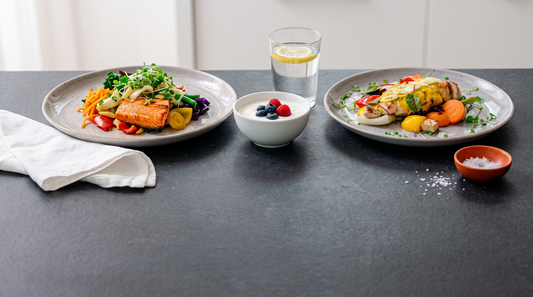GLP-1 meal plan: high protein grilled salmon and turmeric chicken meals with Greek yogurt and water