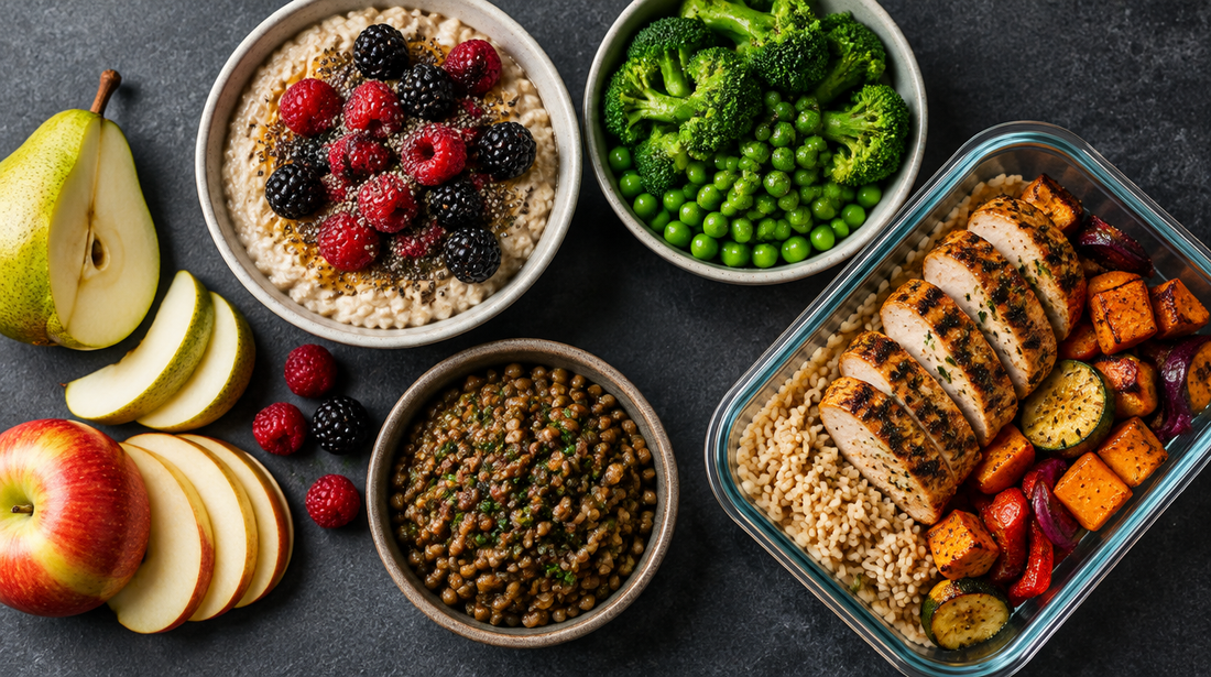 High fibre foods: oatmeal with berries, lentils, broccoli and peas, apple, pear and a chicken meal prep container