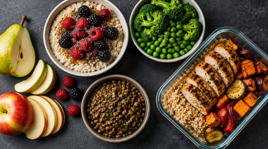 High fibre foods: oatmeal with berries, lentils, broccoli and peas, apple, pear and a chicken meal prep container
