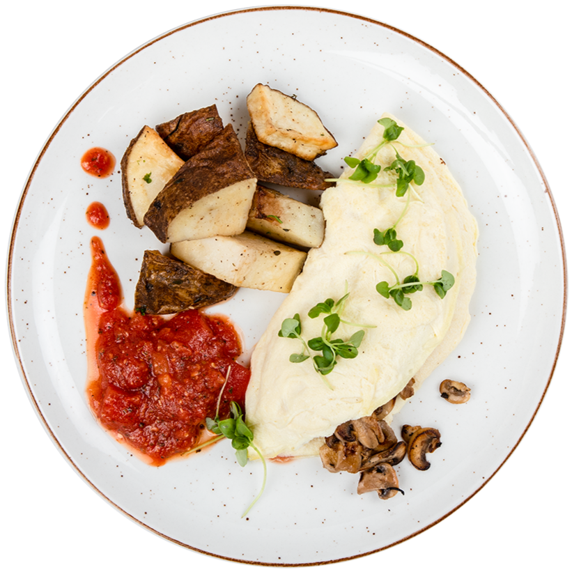 Breakfast - Mushroom Omelet with Spicy Tomato Sauce and Roasted Potatoes