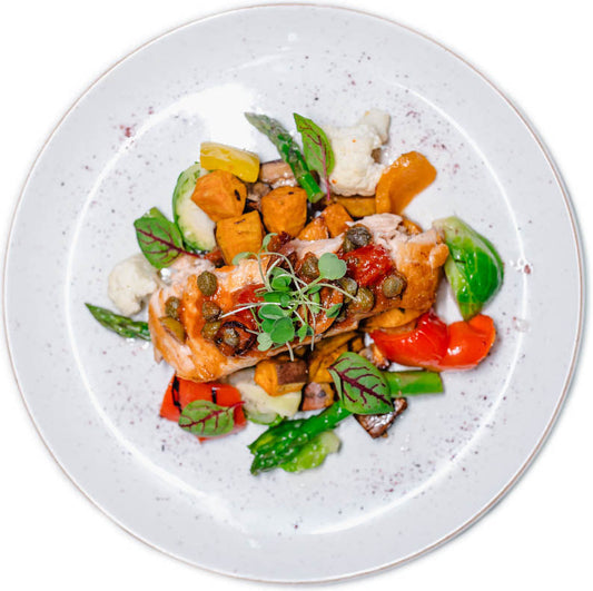 Gourmet XL - Lemon Sumac Grilled Salmon w/ Tomato Olive Caper Relish (Organic Atlantic Salmon)