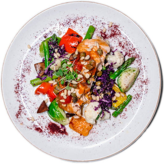 Keto - Lemon Sumac Grilled Salmon w/ Tomato Olive Caper Relish & Pine Nut (Organic Atlantic Salmon)