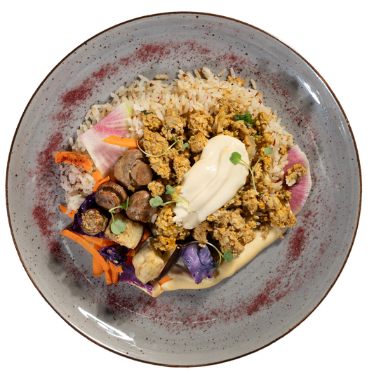 Family Meal - Ground Chicken Shawarma ‘on the rocks’ w/ Tahini Vegan Mayo