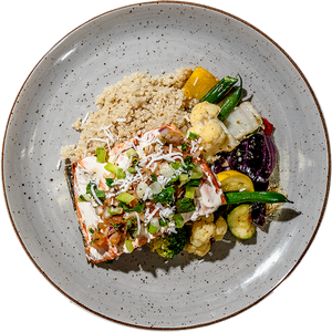 Gourmet - Grilled Salmon with Roasted Garlic Coconut Sauce & Cajun Charred Scallion & Tomato Salsa