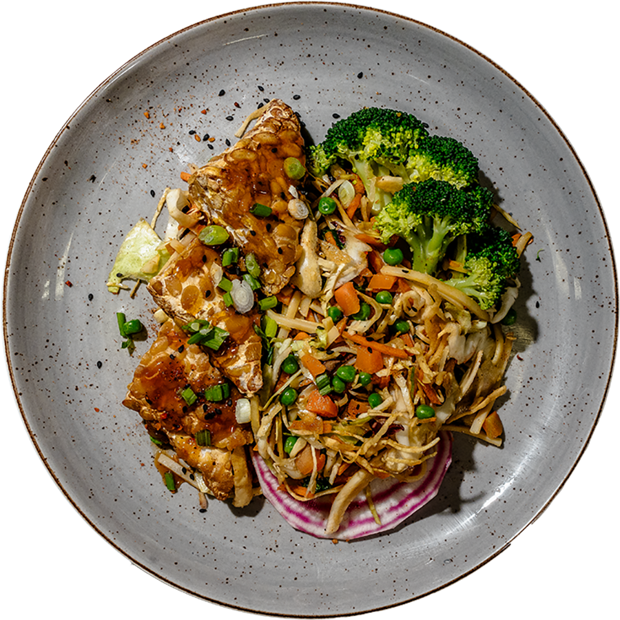 Vegan - Asian Tempeh bowl w/ Fine Chopped Green Onions, Black Sesame Seed and Drizzle Sriracha