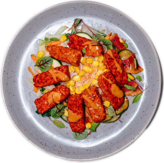 Vegan - Korean Tempeh Bowl w/ Gochujang Aioli and Cucumber Radish Kimchi