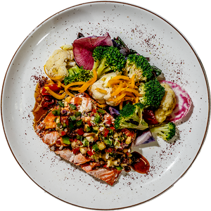 Keto - Blackened Miso Glaze Salmon (Organic Atlantic Salmon) w/ Pineapple Salsa and Pepitas