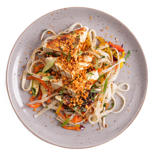 Vegan - Noodle Bowl with Stir-Fried Vegetables, Tofu, and Peanuts