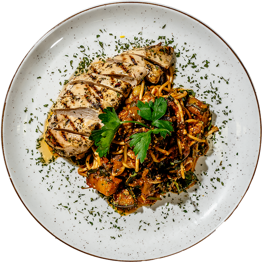 Gourmet - Grilled Chicken Spaghetti a lla Norma with Spinach