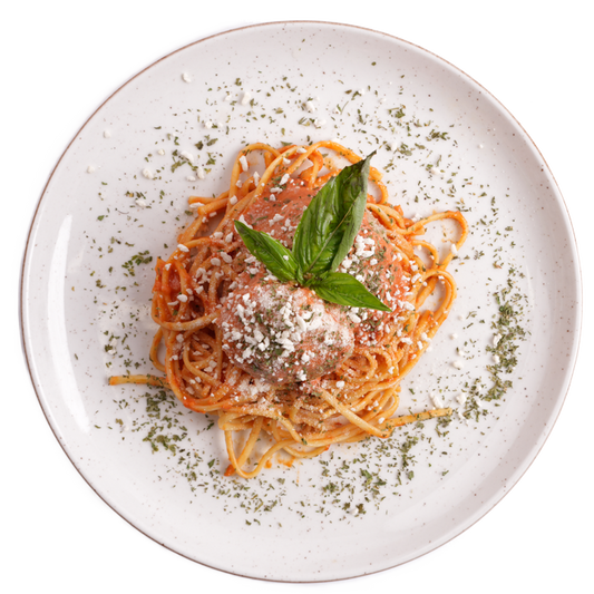 Vegan - Spaghetti Classic Vegan Meatballs with Tomato Sauce and Vegan Parmesan Cheese