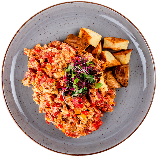 Breakfast - Menemen (Turkish Scrambled Eggs) with Roasted Potatoes