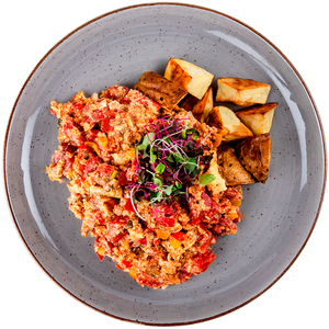 Breakfast - Menemen (Turkish Scrambled Eggs) with Roasted Potatoes