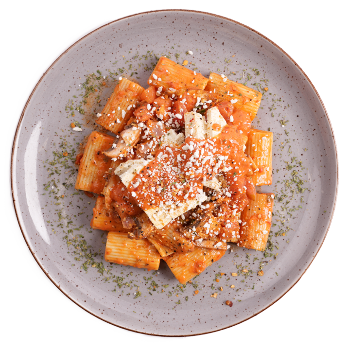 Vegan - Creamy Tomato Rigatoni with Crispy Tofu Cutlets