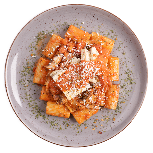 Vegan - Creamy Tomato Rigatoni with Crispy Tofu Cutlets