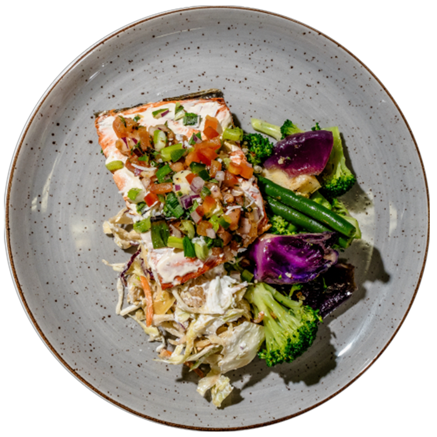 Paleo -Grilled Salmon with Roasted Garlic Coconut Sauce & Cajun Charred Scallion & Tomato Salsa with Creamy Coleslaw