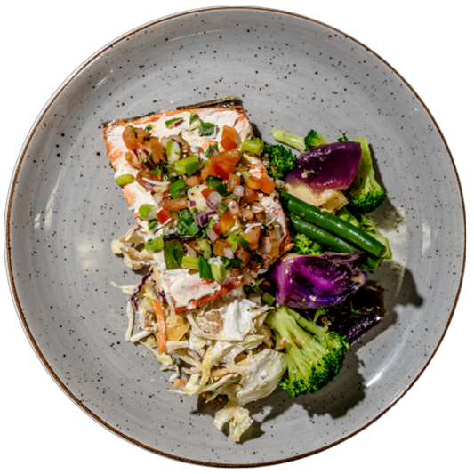 Paleo -Grilled Salmon with Roasted Garlic Coconut Sauce & Cajun Charred Scallion & Tomato Salsa with Creamy Coleslaw