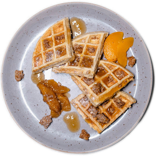 Breakfast – Peach Crumble Protein Waffle with Peanut Butter