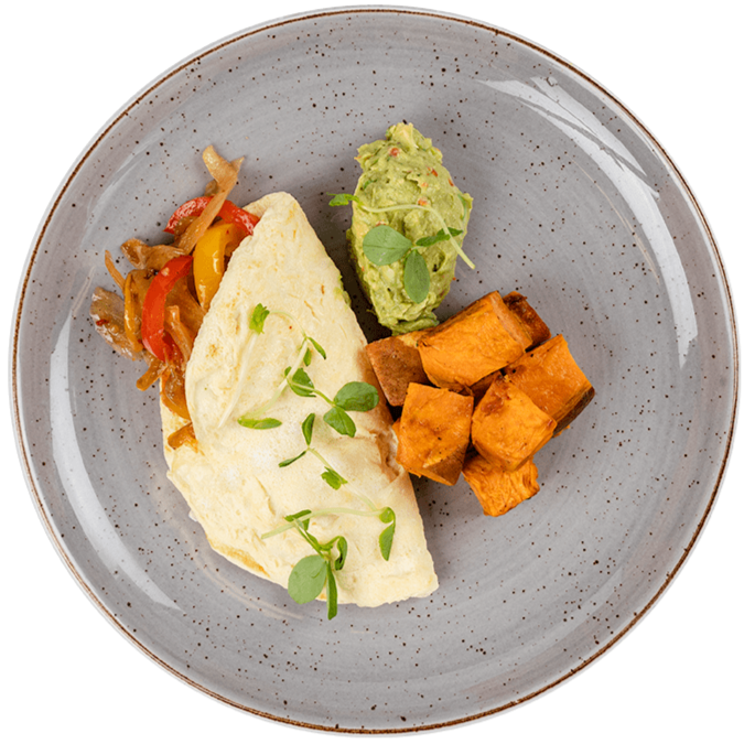 Breakfast - Pepper Omelet with Guacamole and Roasted Sweet Potatoes