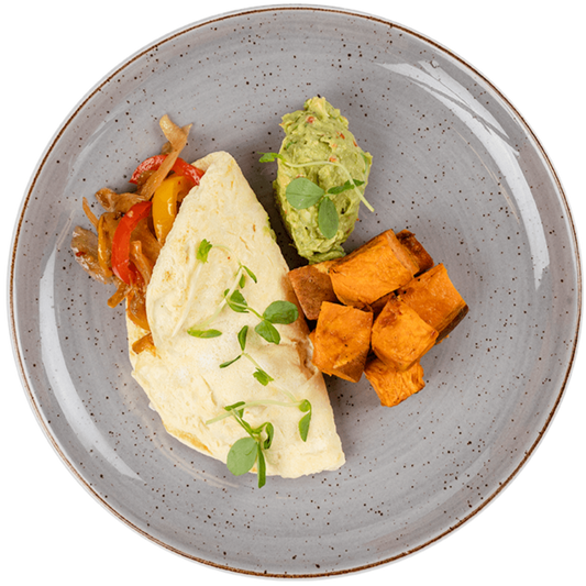 Breakfast - Pepper Omelet with Guacamole and Roasted Sweet Potatoes